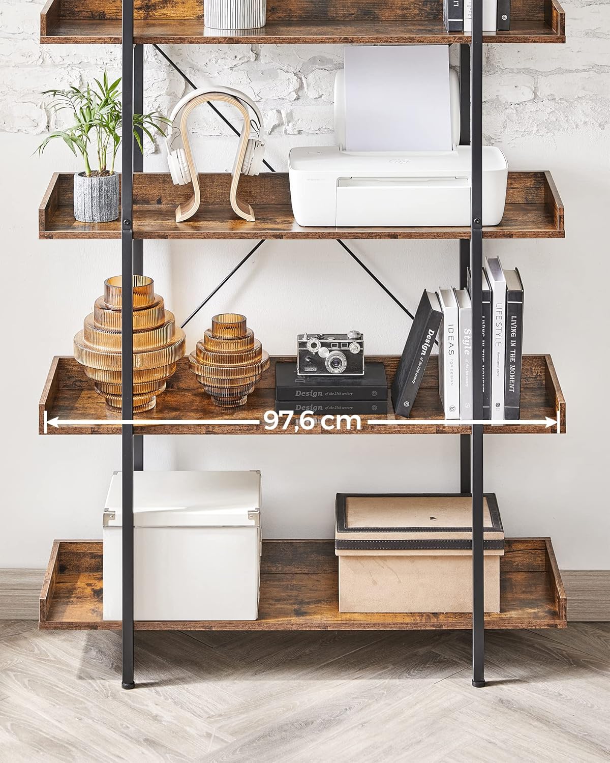 VASAGLE Biblioteca cu 5 rafturi tip tava cu margini de protectie, structura metalica, stil industrial, 100x28x178 cm, maro rustic - imagine 5