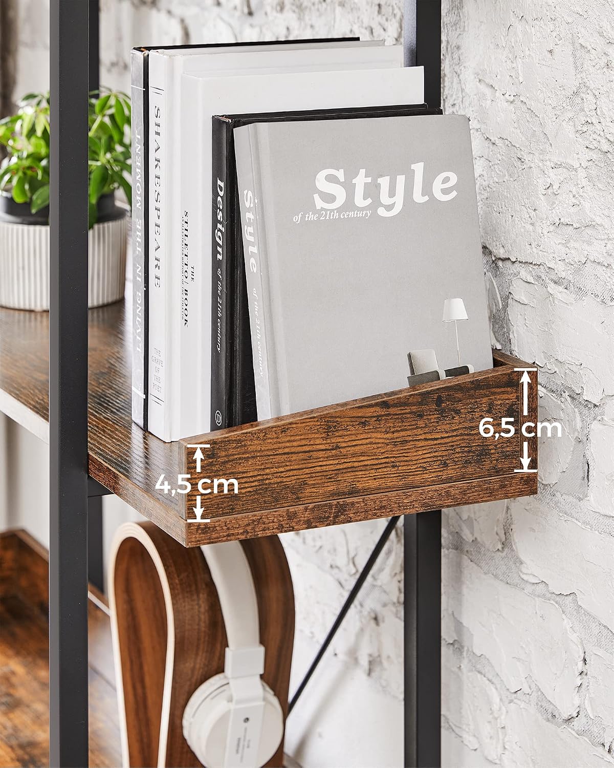 VASAGLE Biblioteca cu 5 rafturi tip tava cu margini de protectie, structura metalica, stil industrial, 100x28x178 cm, maro rustic - imagine 6