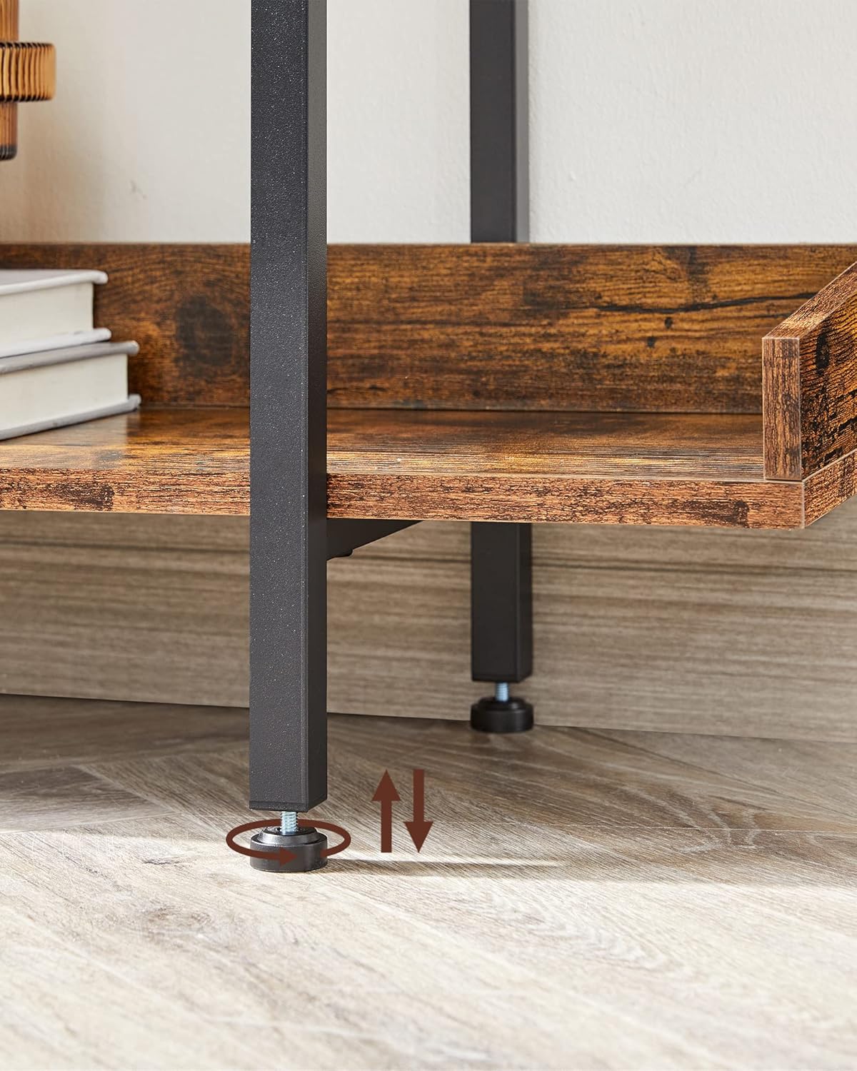 VASAGLE Biblioteca cu 5 rafturi tip tava cu margini de protectie, structura metalica, stil industrial, 100x28x178 cm, maro rustic - imagine 8
