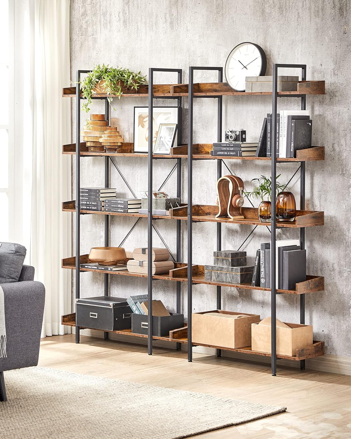 VASAGLE Biblioteca cu 5 rafturi tip tava cu margini de protectie, structura metalica, stil industrial, 100x28x178 cm, maro rustic - imagine 9