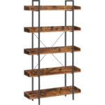 VASAGLE Biblioteca cu 5 rafturi tip tava cu margini de protectie, structura metalica, stil industrial, 100x28x178 cm, maro rustic