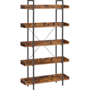 VASAGLE Biblioteca cu 5 rafturi tip tava cu margini de protectie, structura metalica, stil industrial, 100x28x178 cm, maro rustic