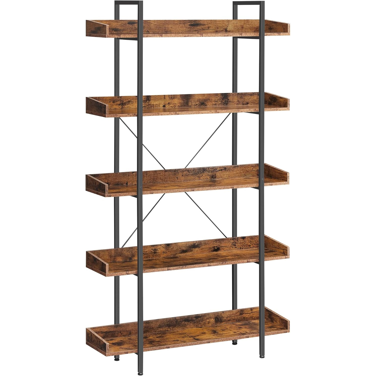 VASAGLE Biblioteca cu 5 rafturi tip tava cu margini de protectie, structura metalica, stil industrial, 100x28x178 cm, maro rustic