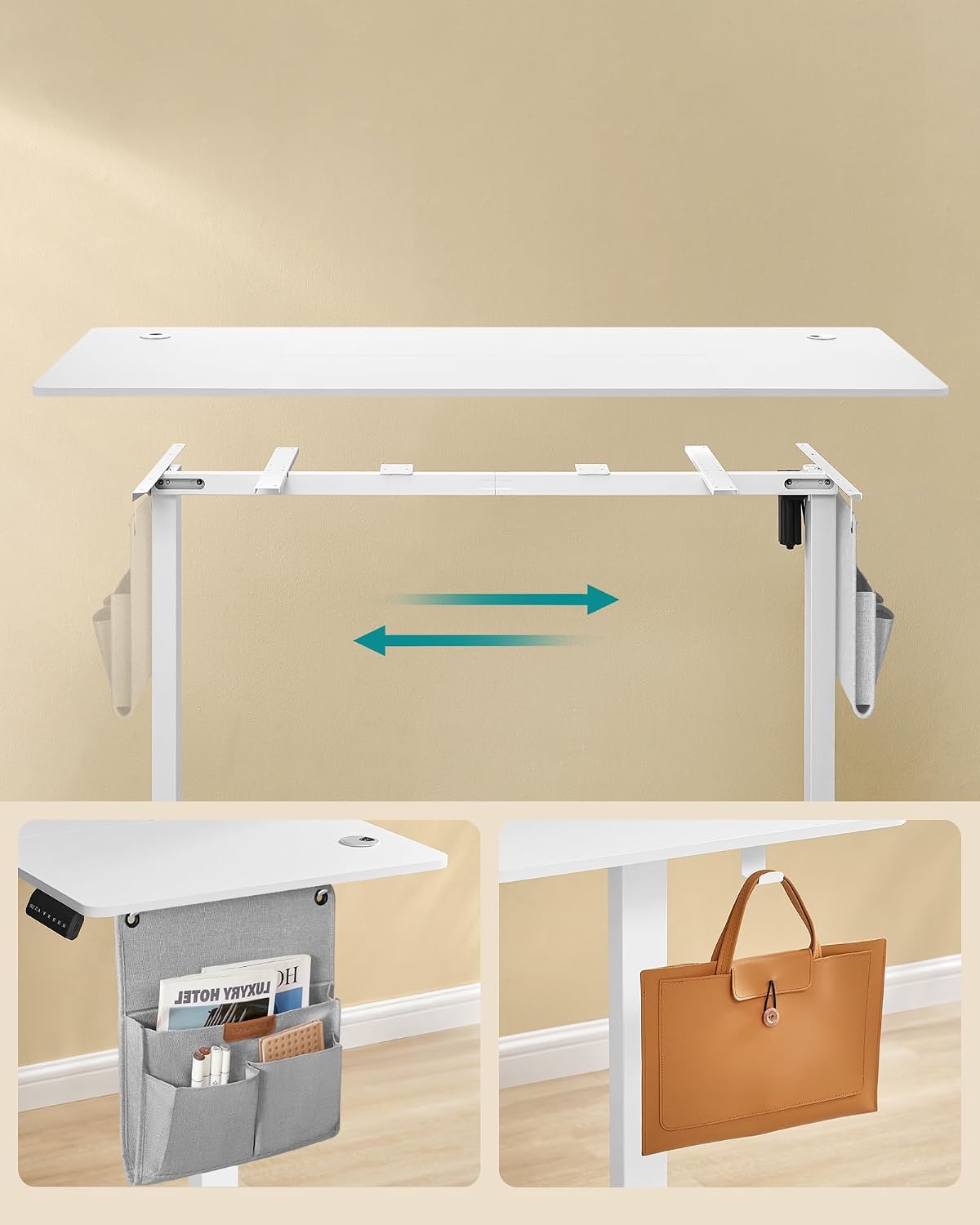 SONGMICS Birou electric reglabil pe inaltime, cadru metalic, functie memorie 4 pozitii, 160x70x(72-120) cm, alb - imagine 2