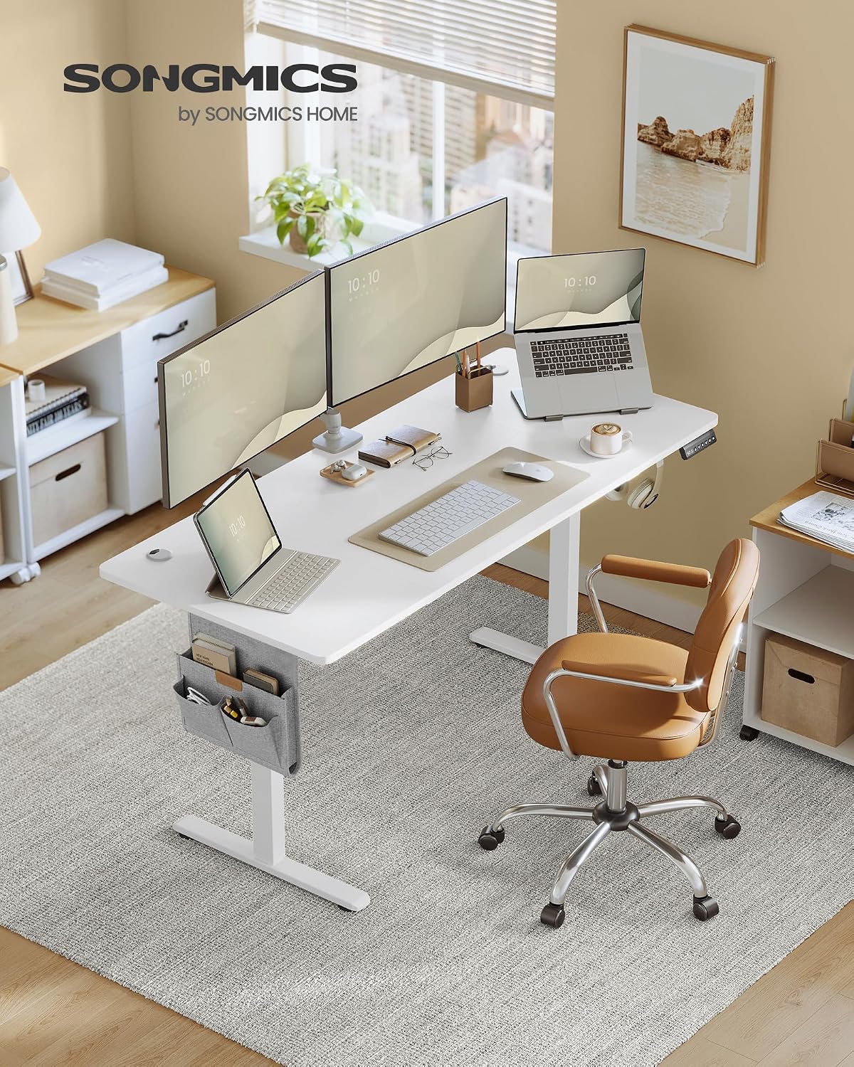SONGMICS Birou electric reglabil pe inaltime, cadru metalic, functie memorie 4 pozitii, 160x70x(72-120) cm, alb - imagine 5