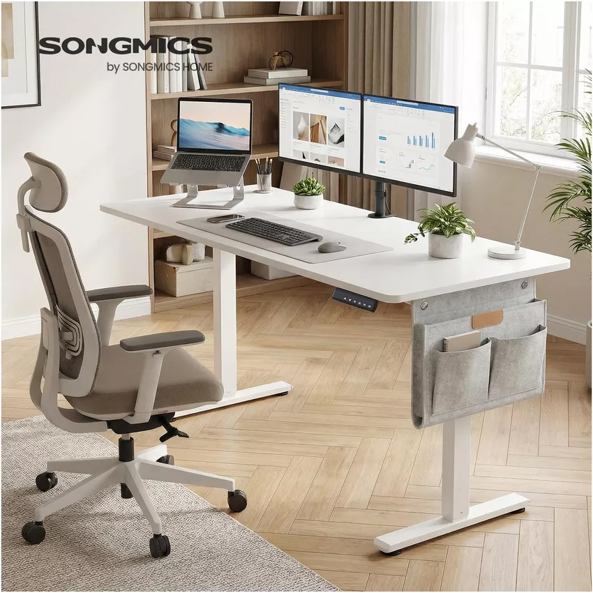 SONGMICS Birou electric reglabil pe inaltime, cadru metalic, functie memorie 4 pozitii, 160x70x(72-120) cm, alb - imagine 8