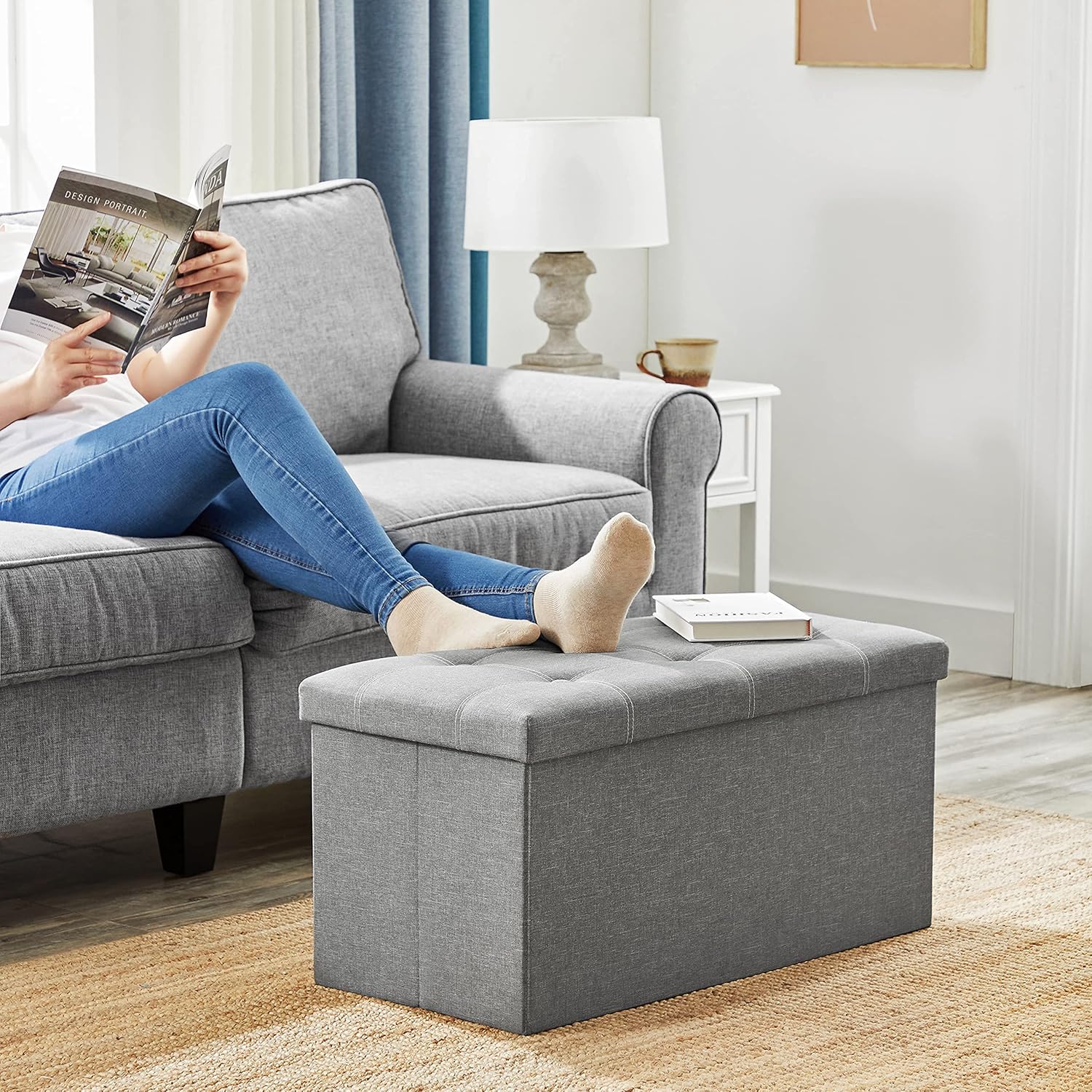SONGMICS Bancuta pliabila cu spatiu de depozitare, 89 litri, textil tip in si MDF, sezut captusit, maxim 300 kg, 76x38x38 cm, maro - imagine 4