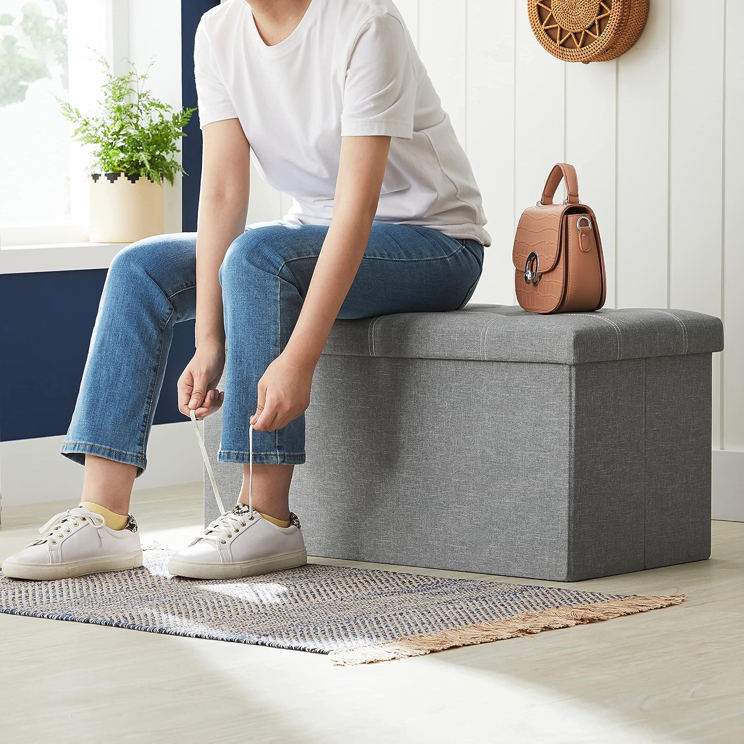 SONGMICS Bancuta pliabila cu spatiu de depozitare, 89 litri, textil tip in si MDF, sezut captusit, maxim 300 kg, 76x38x38 cm, maro - imagine 5
