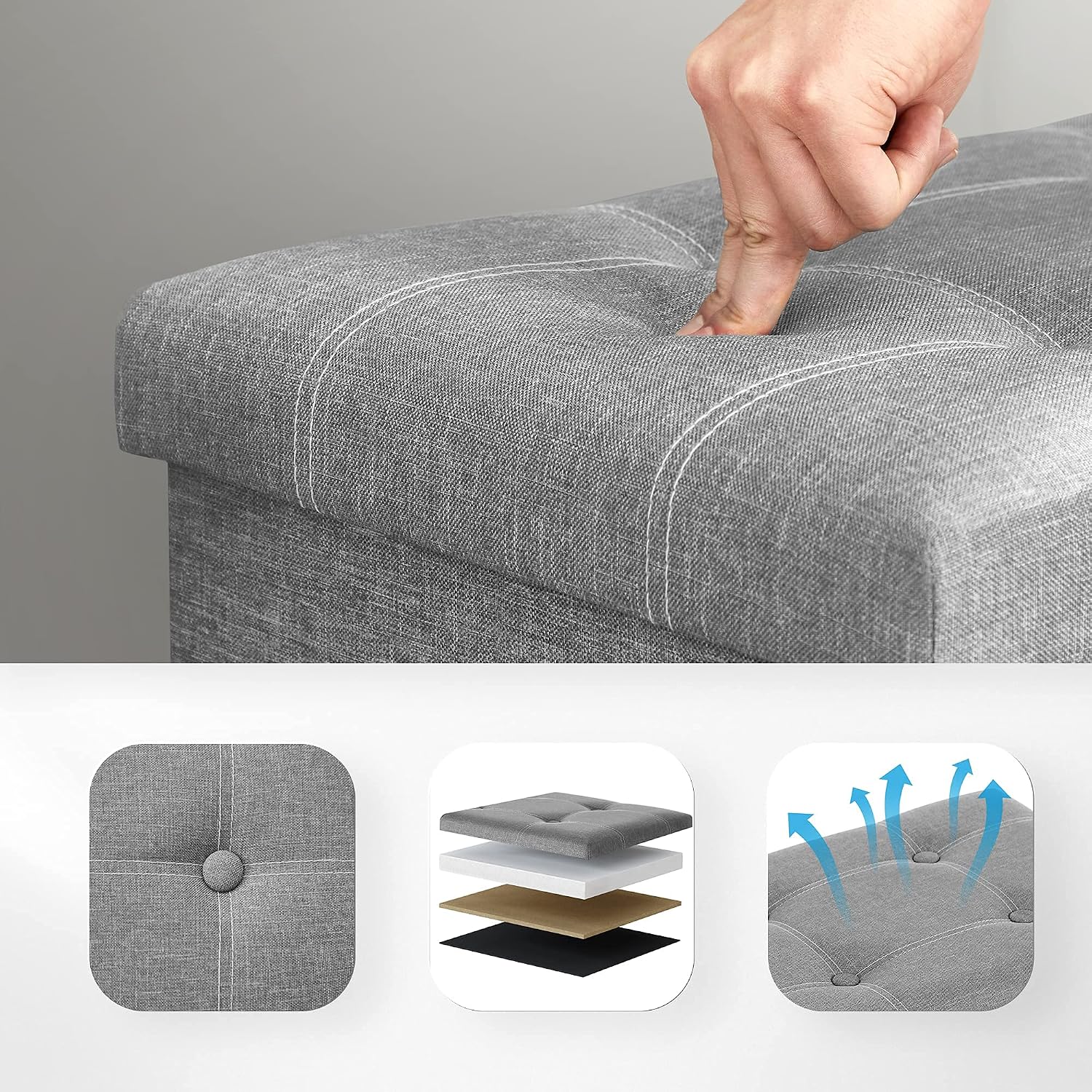 SONGMICS Bancuta pliabila cu spatiu de depozitare, 89 litri, textil tip in si MDF, sezut captusit, maxim 300 kg, 76x38x38 cm, maro - imagine 6
