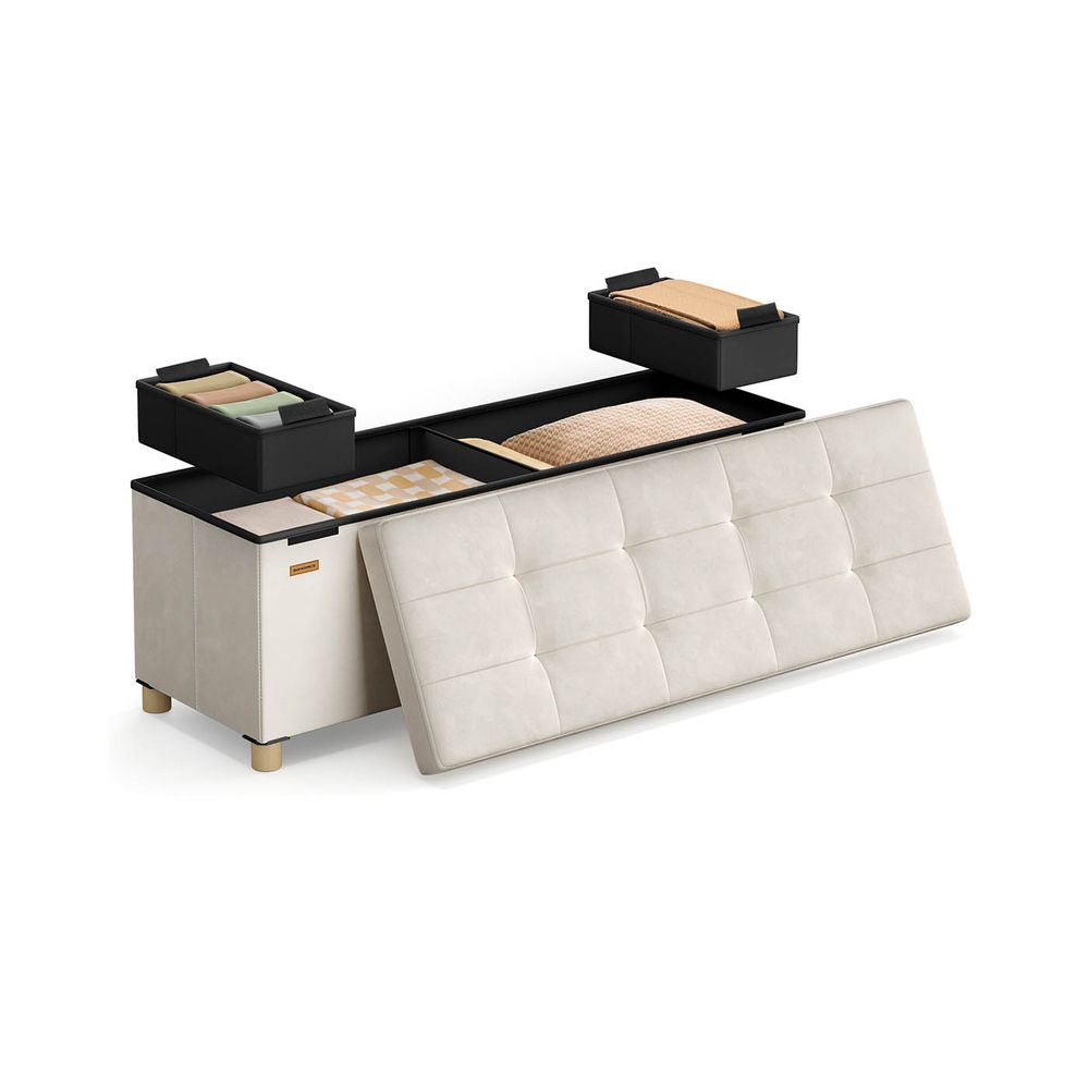 SONGMICS Bancuta depozitare pliabila cu picioare din lemn, 112 litri, sezut din catifea, capacitate 300 kg, 38x110x40 cm, bej cappuccino - imagine 4