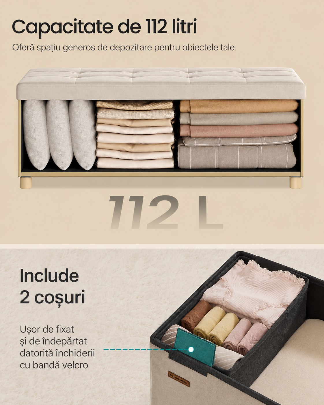 SONGMICS Bancuta depozitare pliabila cu picioare din lemn, 112 litri, sezut din catifea, capacitate 300 kg, 38x110x40 cm, bej cappuccino - imagine 5