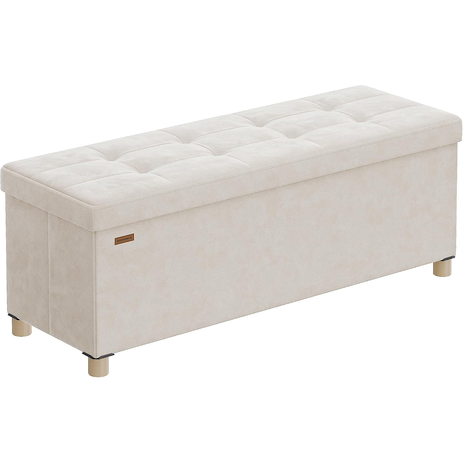 SONGMICS Bancuta depozitare pliabila cu picioare din lemn, 112 litri, sezut din catifea, capacitate 300 kg, 38x110x40 cm, bej cappuccino