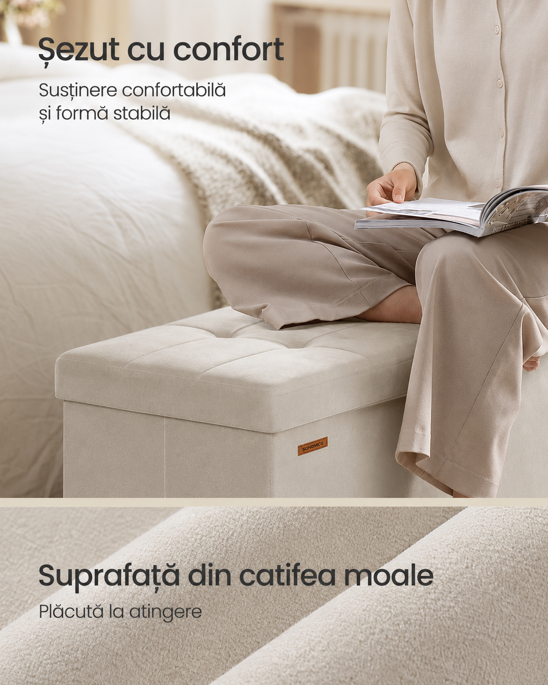 SONGMICS Bancuta depozitare pliabila cu picioare din lemn, 112 litri, sezut din catifea, capacitate 300 kg, 38x110x40 cm, bej cappuccino - imagine 7