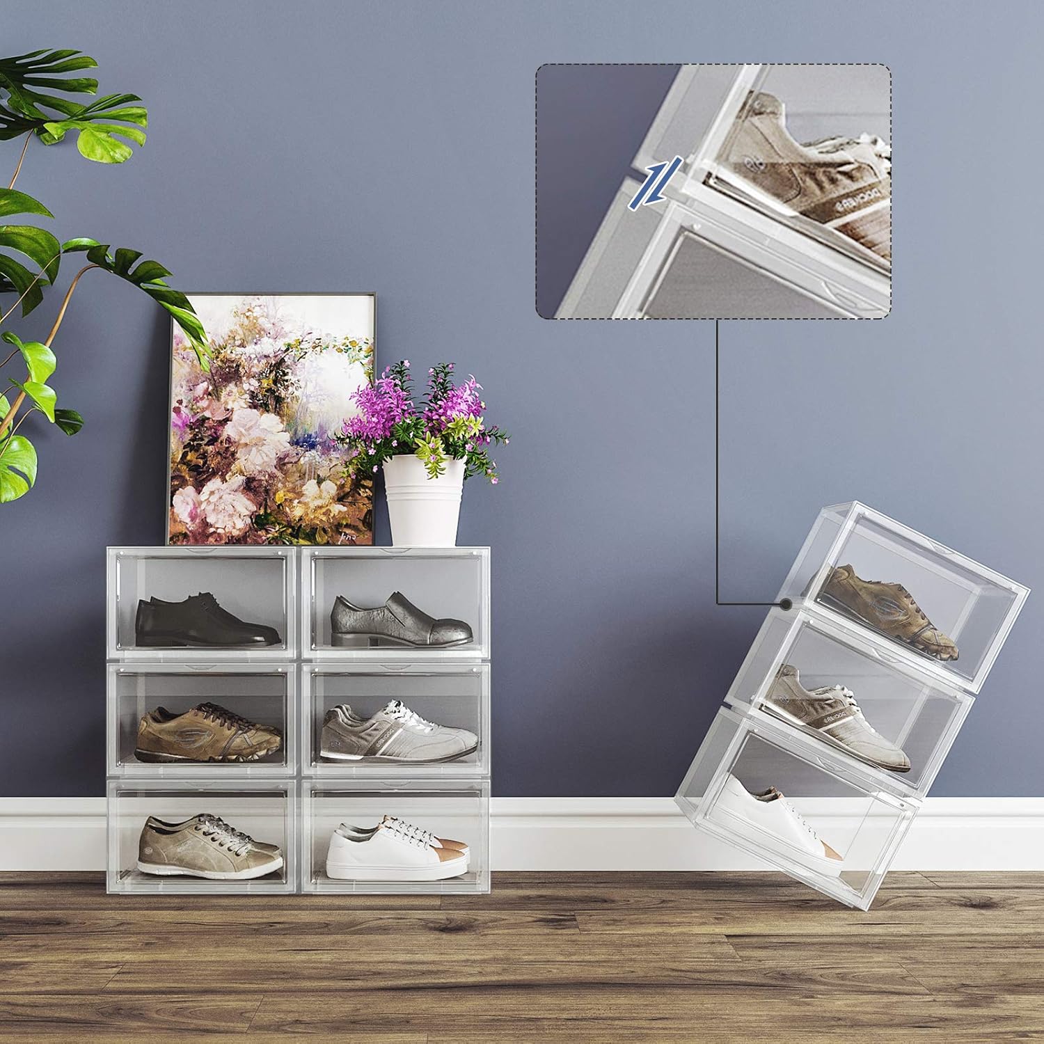 SONGMICS Organizatoare pantofi, transparente cu usa frontala, stivuibile, PVC, 3 cutii x 36x28x22 cm, transparent - imagine 9