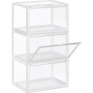 SONGMICS Organizatoare pantofi, transparente cu usa frontala, stivuibile, PVC, 3 cutii x 36x28x22 cm, transparent