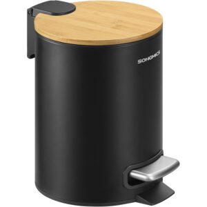 SONGMICS Cos de gunoi cu pedala, ideal pentru baie, capac din bambus cu inchidere lenta, galeata interioara detasabila, 3 litri, 17x22x24 cm, negru