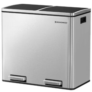 SONGMICS Cos de gunoi din inox cu 2 compartimente colectare selectiva, cu galeti interioare, 2x24 litri, argintiu