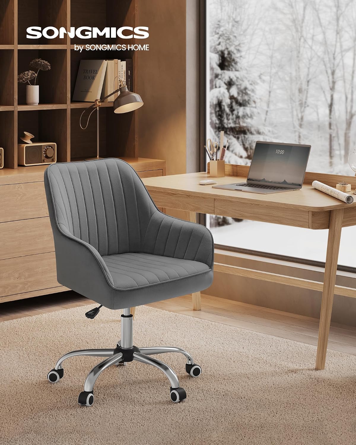 SONGMICS Scaun de birou rotativ din catifea, reglabil pe inaltime, 64x62x84-94 cm, maxim 120 kg, gri - imagine 3