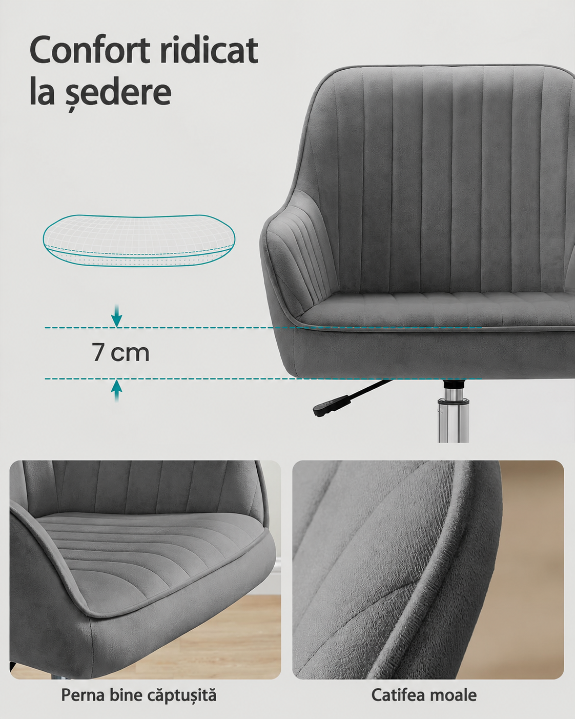 SONGMICS Scaun de birou rotativ din catifea, reglabil pe inaltime, 64x62x84-94 cm, maxim 120 kg, gri - imagine 6