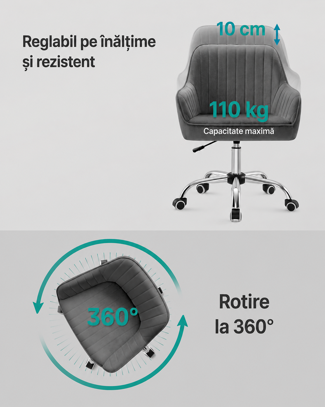 SONGMICS Scaun de birou rotativ din catifea, reglabil pe inaltime, 64x62x84-94 cm, maxim 120 kg, gri - imagine 7