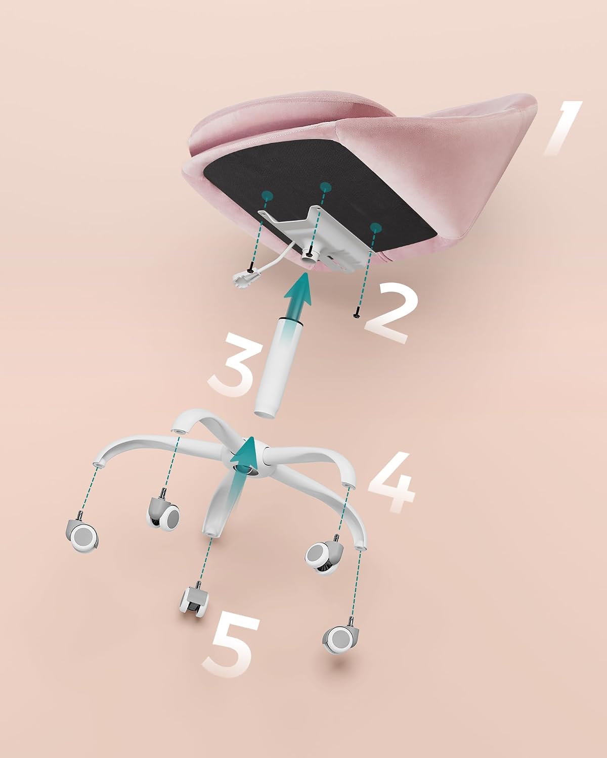 SONGMICS Scaun de birou ergonomic, inaltime reglabila, 60x60x(80-90) cm, roz pastel - imagine 2