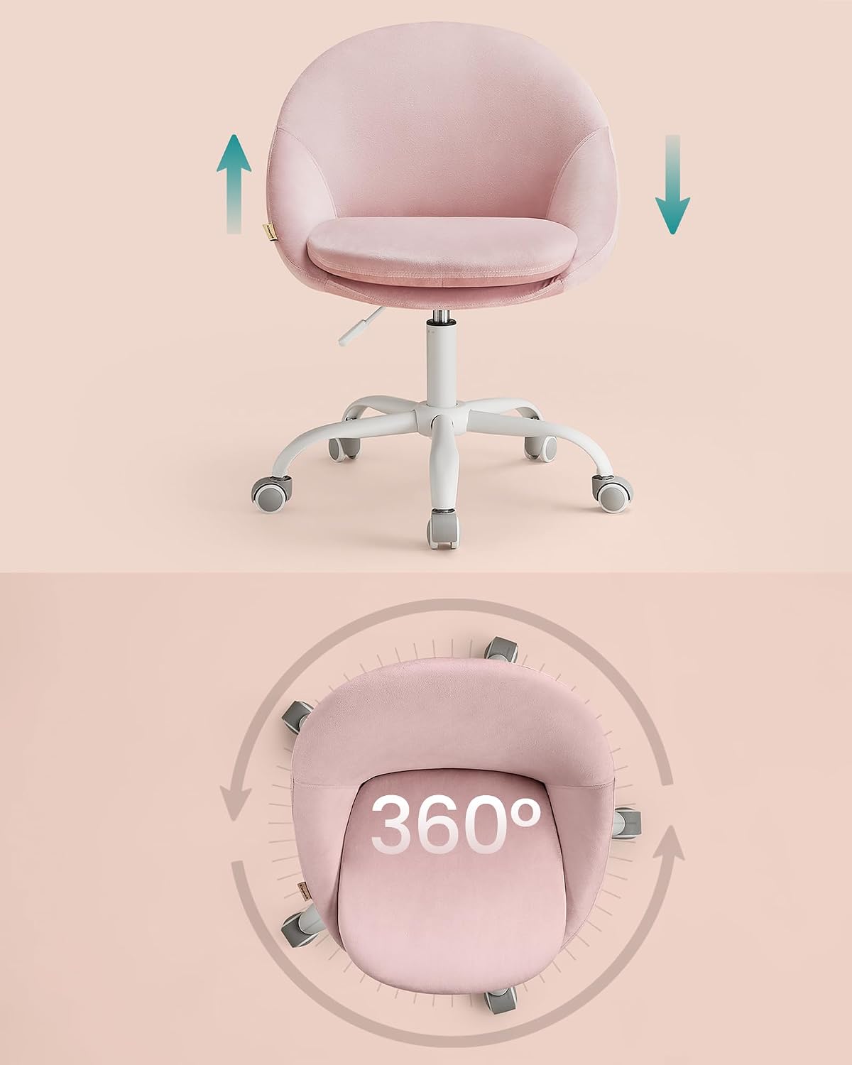 SONGMICS Scaun de birou ergonomic, inaltime reglabila, 60x60x(80-90) cm, roz pastel - imagine 3