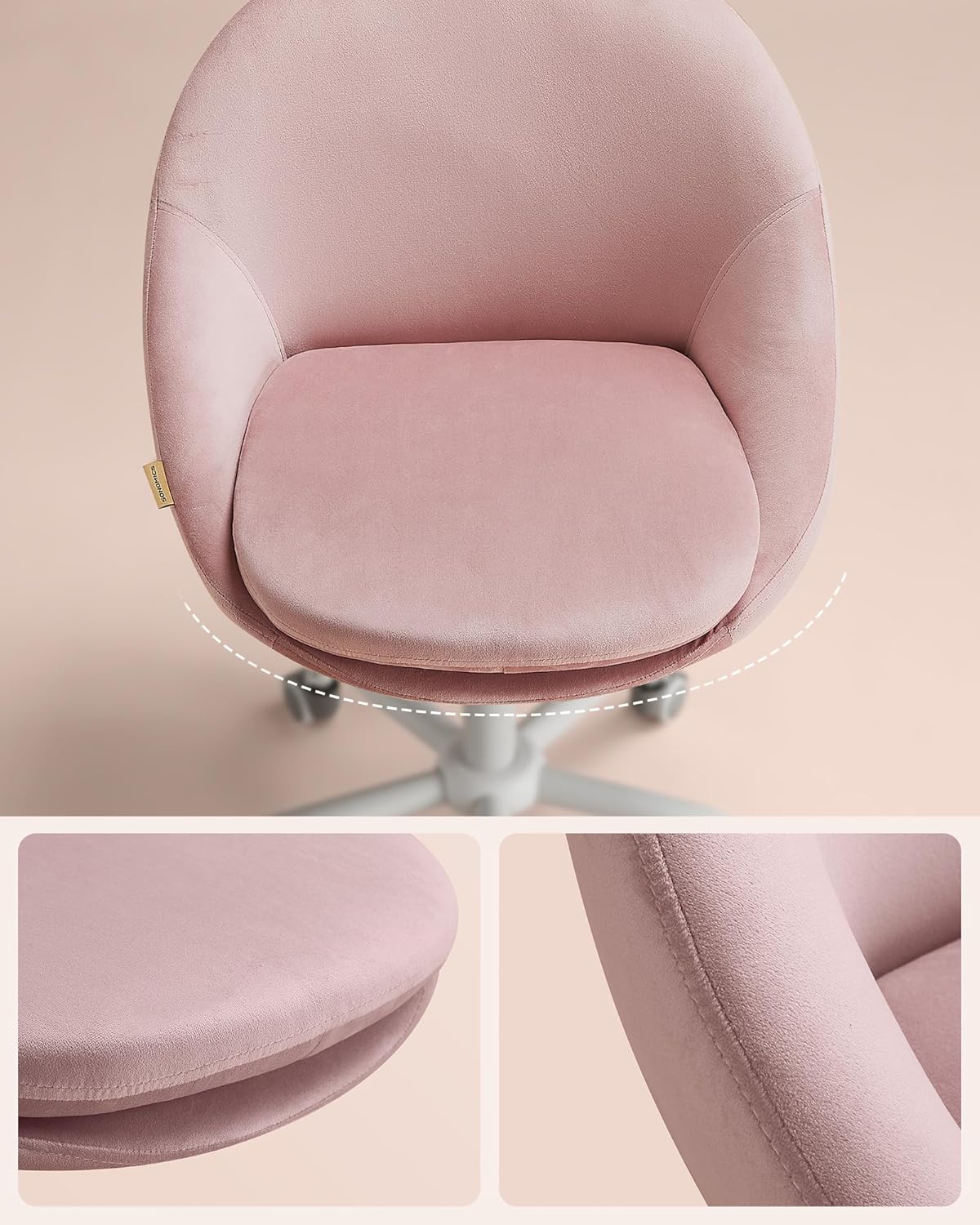 SONGMICS Scaun de birou ergonomic, inaltime reglabila, 60x60x(80-90) cm, roz pastel - imagine 6