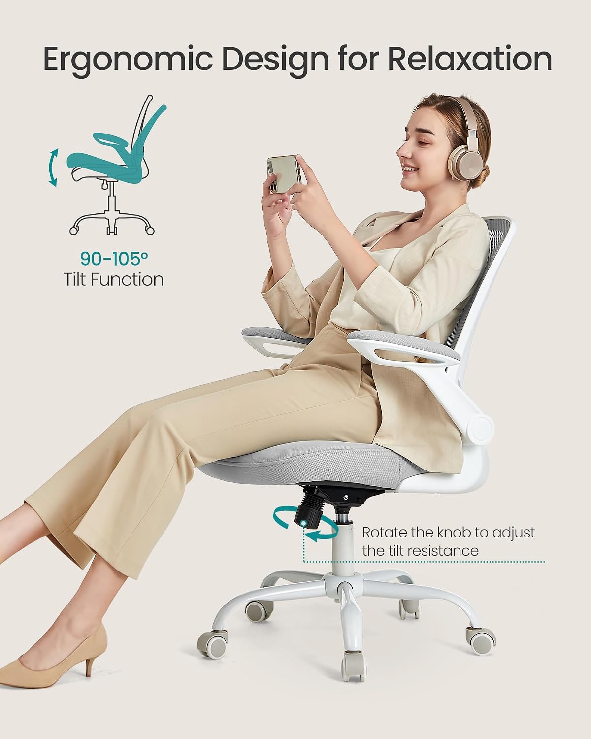 SONGMICS Scaun de birou ergonomic reglabil cu spatar mesh si suport lombar, maxim 120 kg, 64x64x107 cm, gri deschis - imagine 4
