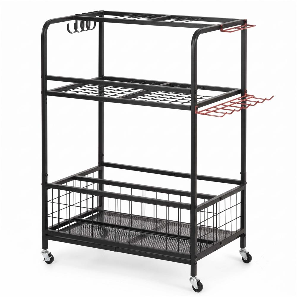 Carucior mobil pentru scule si unelte de gradina cu 3 rafturi, organizator metalic cu roti, 66x40x96 cm, negru - imagine 15