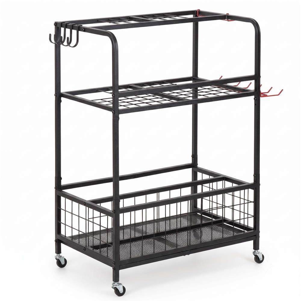 Carucior mobil pentru scule si unelte de gradina cu 3 rafturi, organizator metalic cu roti, 66x40x96 cm, negru - imagine 27