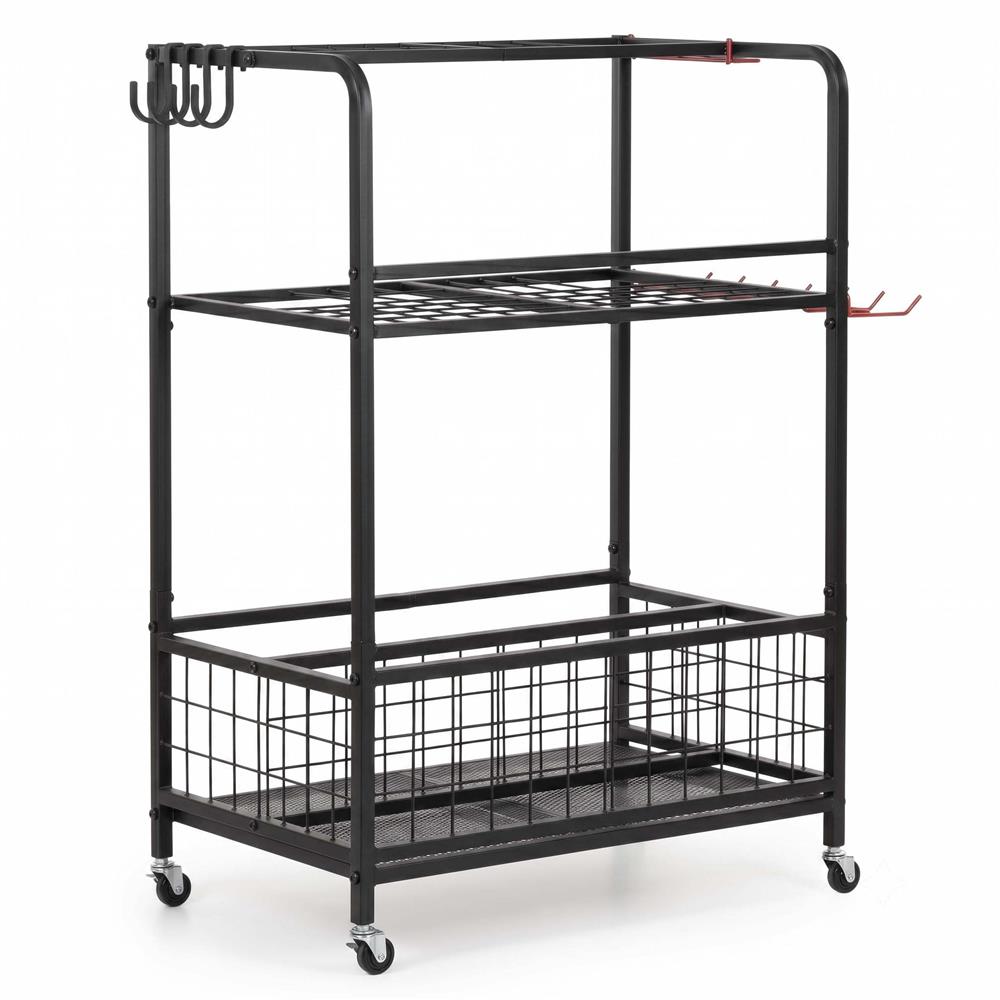 Carucior mobil pentru scule si unelte de gradina cu 3 rafturi, organizator metalic cu roti, 66x40x96 cm, negru - imagine 17