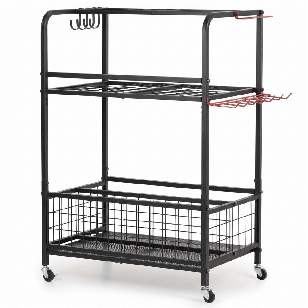 Carucior mobil pentru scule si unelte de gradina cu 3 rafturi, organizator metalic cu roti, 66x40x96 cm, negru - imagine 18