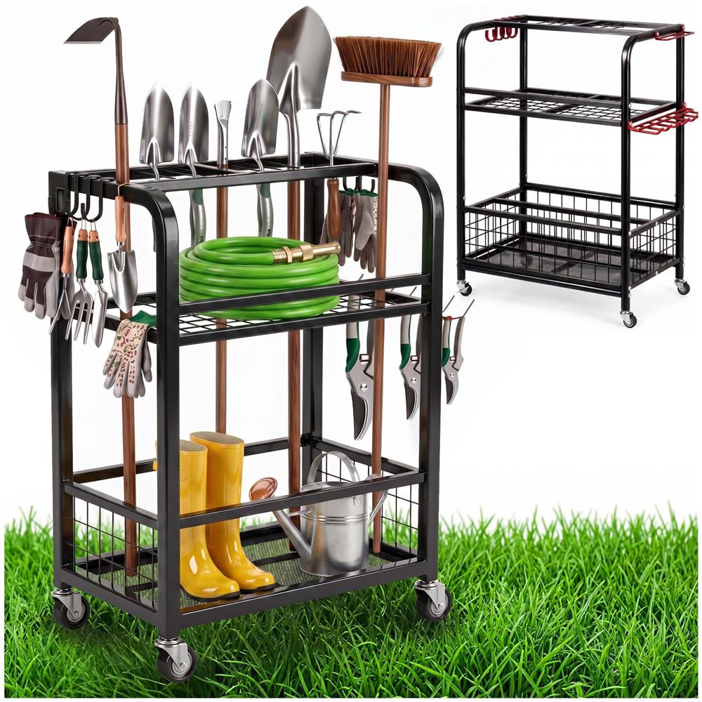 Carucior mobil pentru scule si unelte de gradina cu 3 rafturi, organizator metalic cu roti, 66x40x96 cm, negru - imagine 23