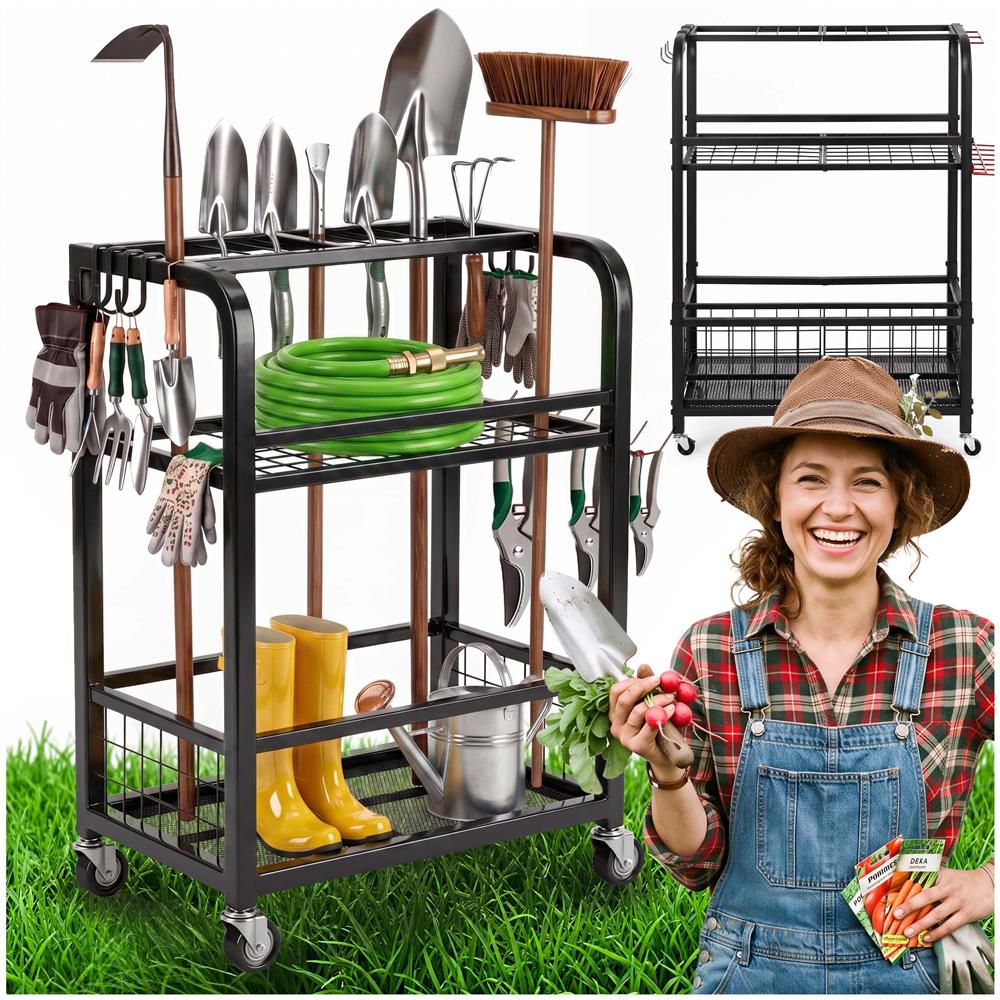 Carucior mobil pentru scule si unelte de gradina cu 3 rafturi, organizator metalic cu roti, 66x40x96 cm, negru - imagine 25