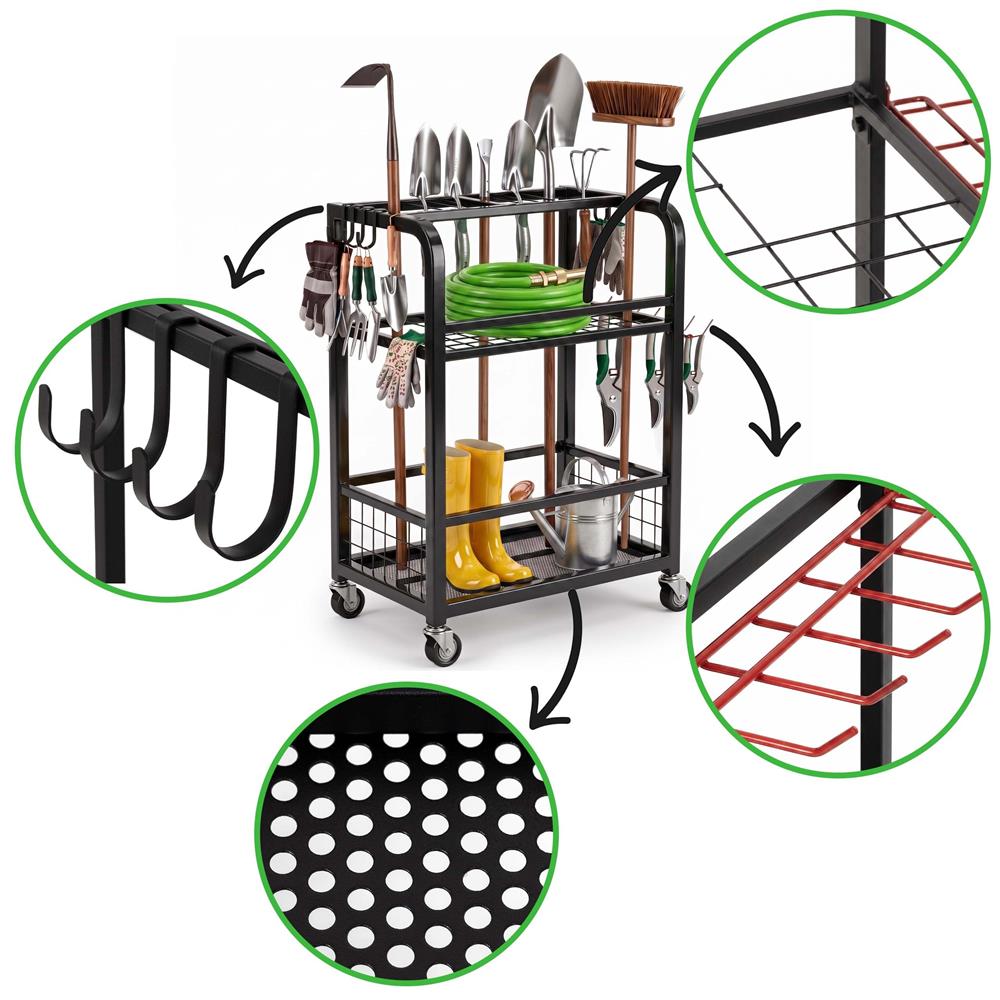 Carucior mobil pentru scule si unelte de gradina cu 3 rafturi, organizator metalic cu roti, 66x40x96 cm, negru - imagine 26
