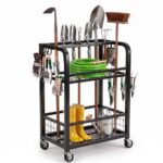 Carucior mobil pentru scule si unelte de gradina cu 3 rafturi, organizator metalic cu roti, 66x40x96 cm, negru