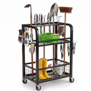 Carucior mobil pentru scule si unelte de gradina cu 3 rafturi, organizator metalic cu roti, 66x40x96 cm, negru