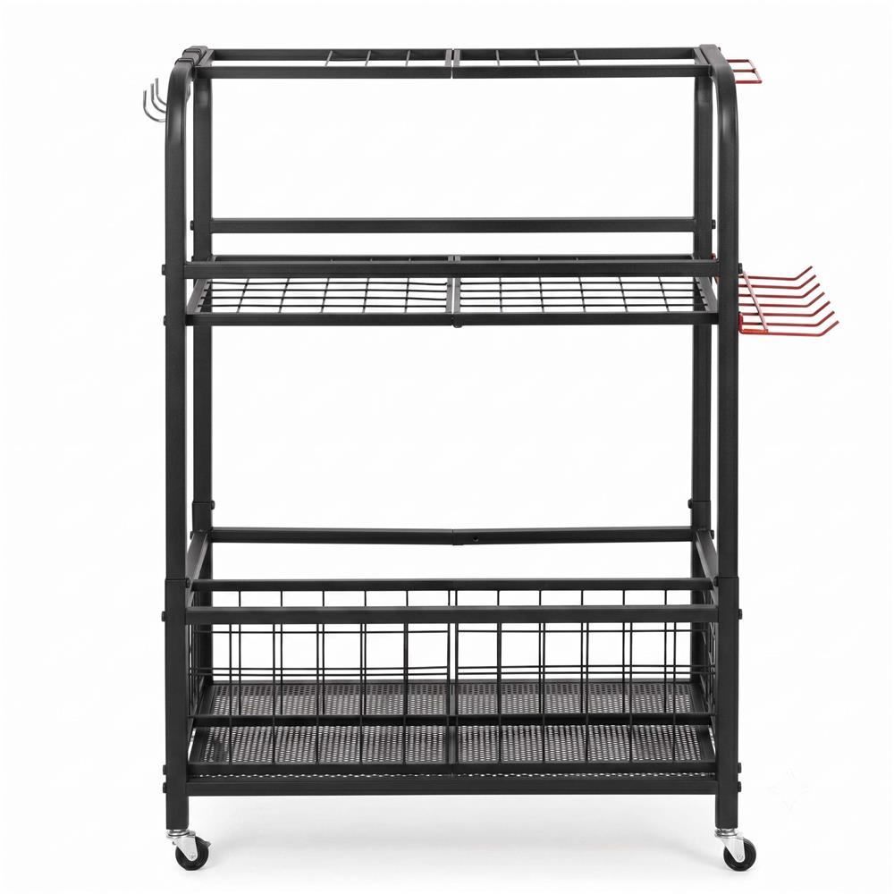 Carucior mobil pentru scule si unelte de gradina cu 3 rafturi, organizator metalic cu roti, 66x40x96 cm, negru - imagine 5