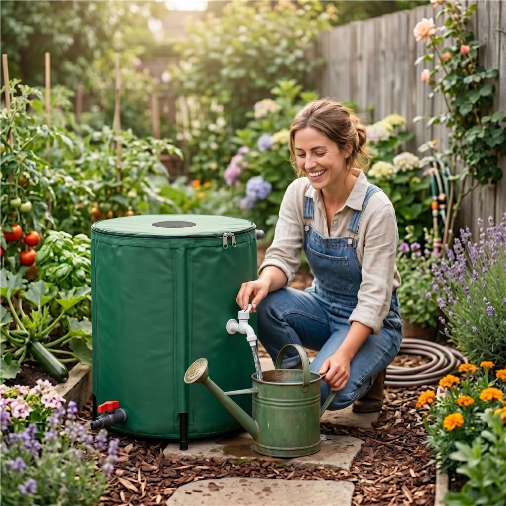 Rezervor pliabil pentru colectarea apei de ploaie, 100 L, PVC 1000D, cu 2 robinete si sistem preaplin, verde - imagine 7