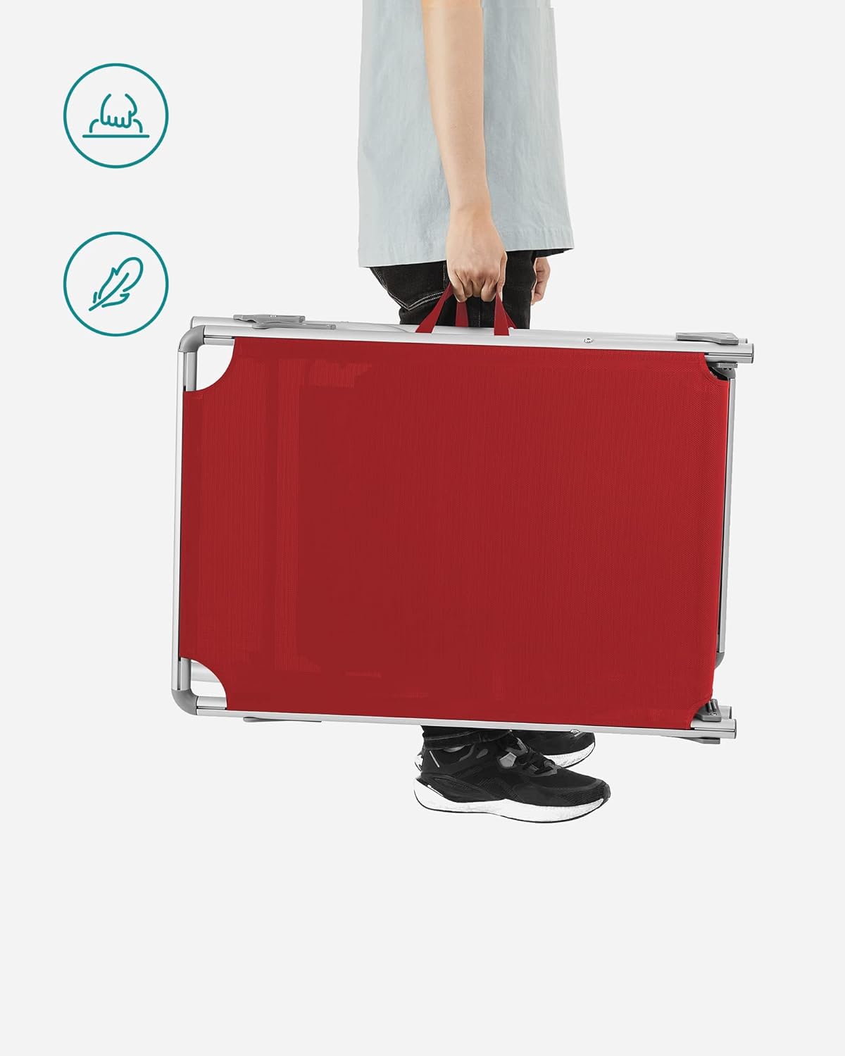 SONGMICS Sezlong pliabil, cadru usor din aluminiu, cu parasolar, spatar reglabil in 5 pozitii, maxim 150kg, 193x55x31cm, rosu - imagine 4
