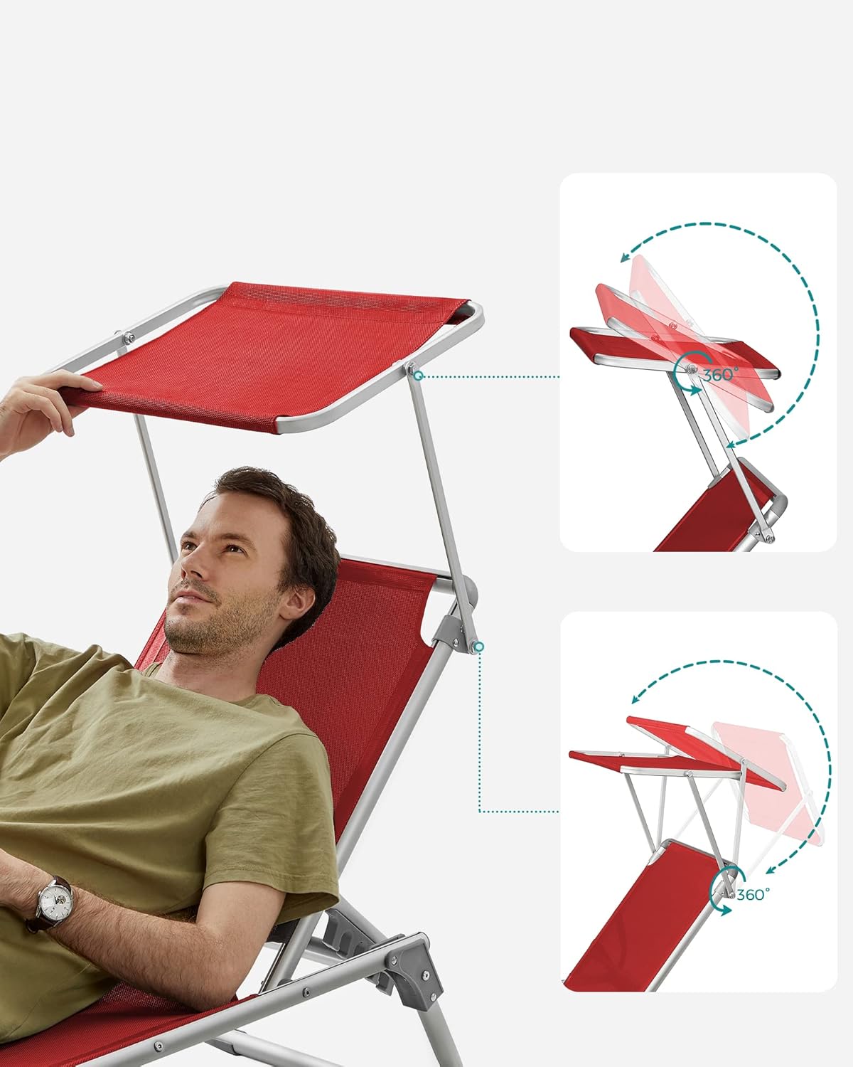 SONGMICS Sezlong pliabil, cadru usor din aluminiu, cu parasolar, spatar reglabil in 5 pozitii, maxim 150kg, 193x55x31cm, rosu - imagine 5