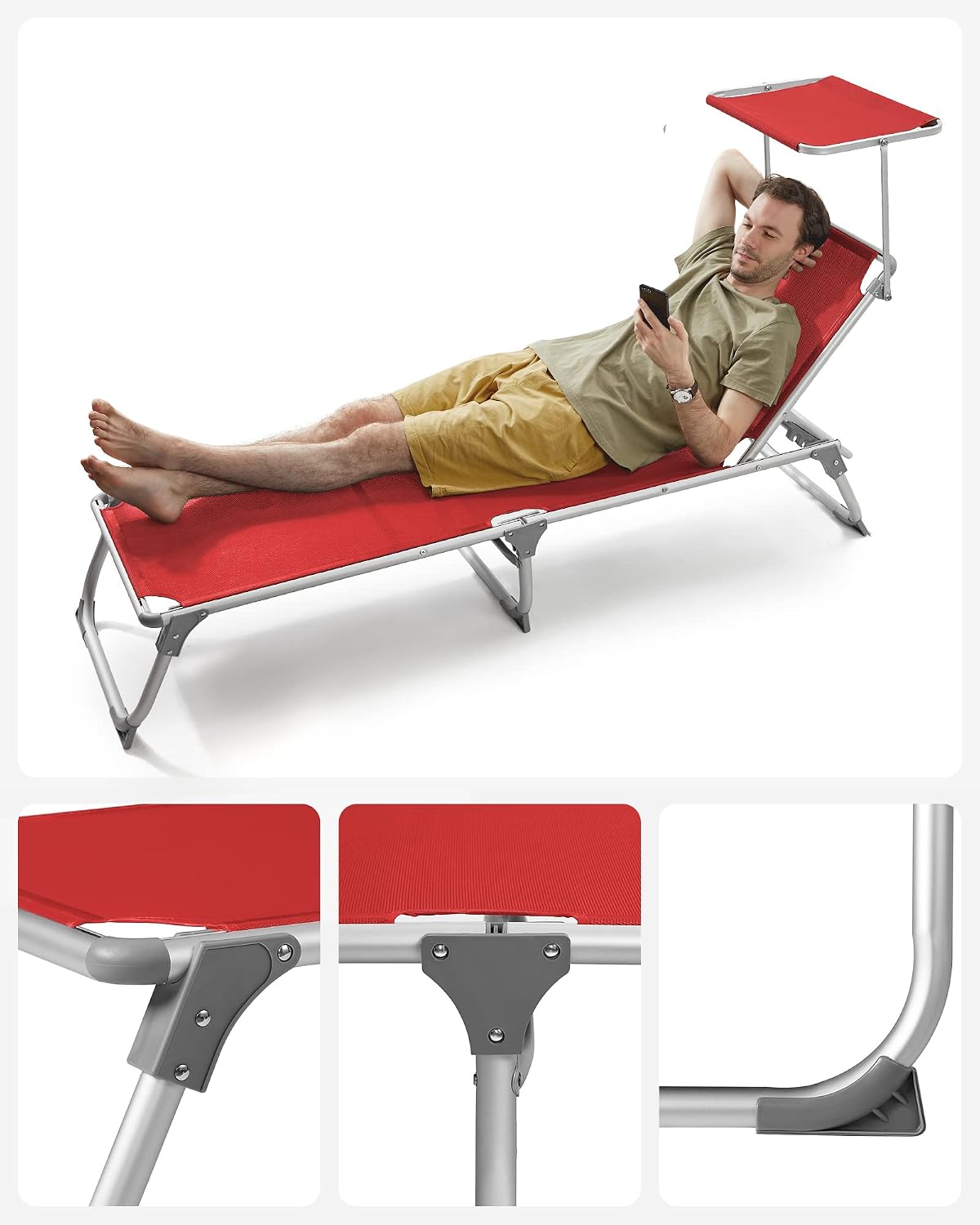SONGMICS Sezlong pliabil, cadru usor din aluminiu, cu parasolar, spatar reglabil in 5 pozitii, maxim 150kg, 193x55x31cm, rosu - imagine 6