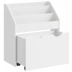 SONGMICS Raft pentru carti si jucarii copii, cu lada de depozitare pe roti, 3 rafturi, 63x30x70 cm, alb