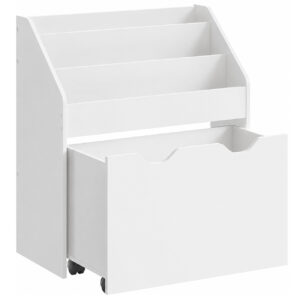 SONGMICS Raft pentru carti si jucarii copii, cu lada de depozitare pe roti, 3 rafturi, 63x30x70 cm, alb