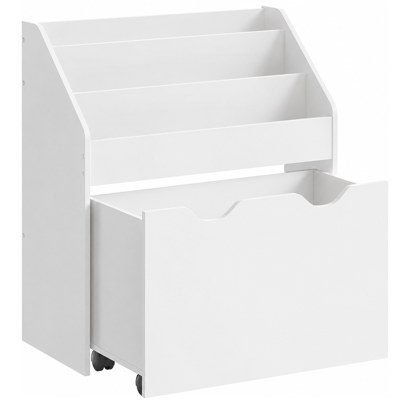 SONGMICS Raft pentru carti si jucarii copii, cu lada de depozitare pe roti, 3 rafturi, 63x30x70 cm, alb