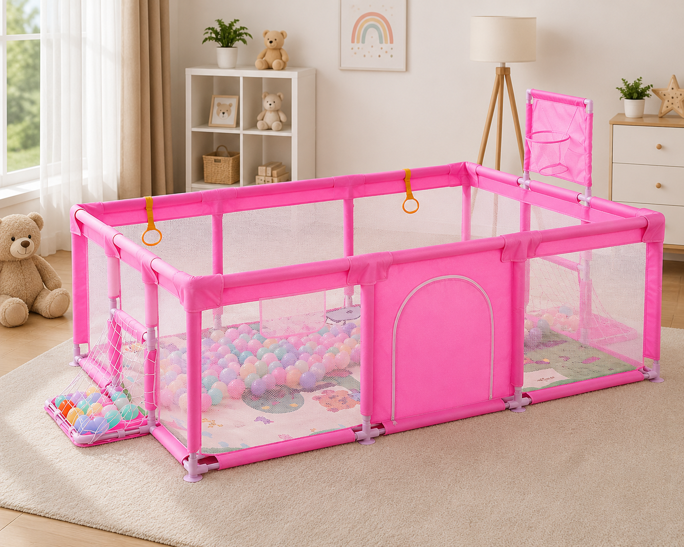 Tarc loc de joaca XXL pentru copii sau bebe, material textil, roz, 230x122x62cm - imagine 3