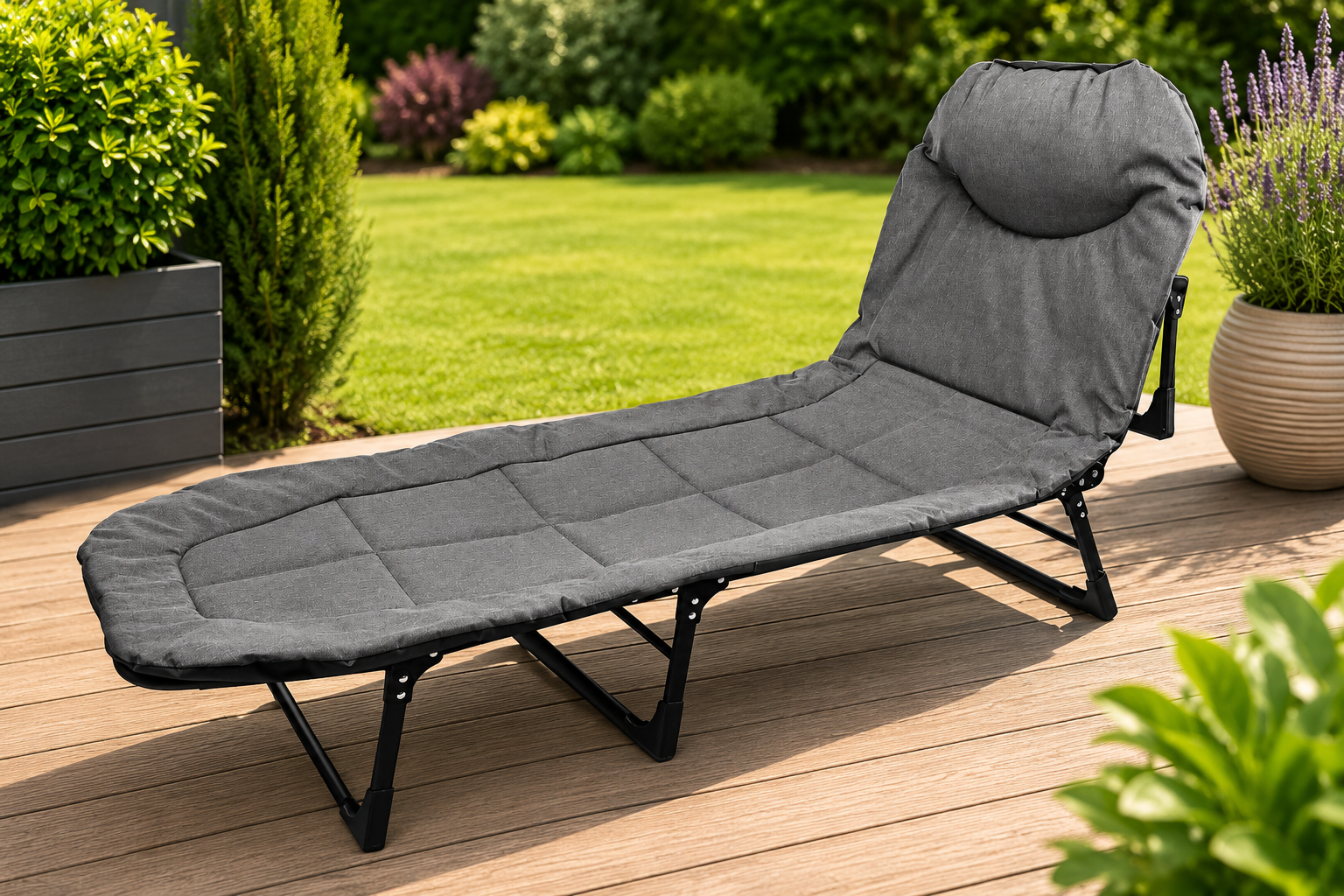 Pat pliabil camping Deluxe Trip cu spatar reglabil tip sezlong, 200x65x32 cm, gri - imagine 5