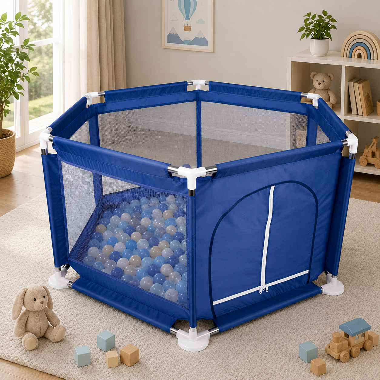 Tarc loc de joaca pentru copii sau bebe, material textil, albastru, 130x60cm - imagine 4