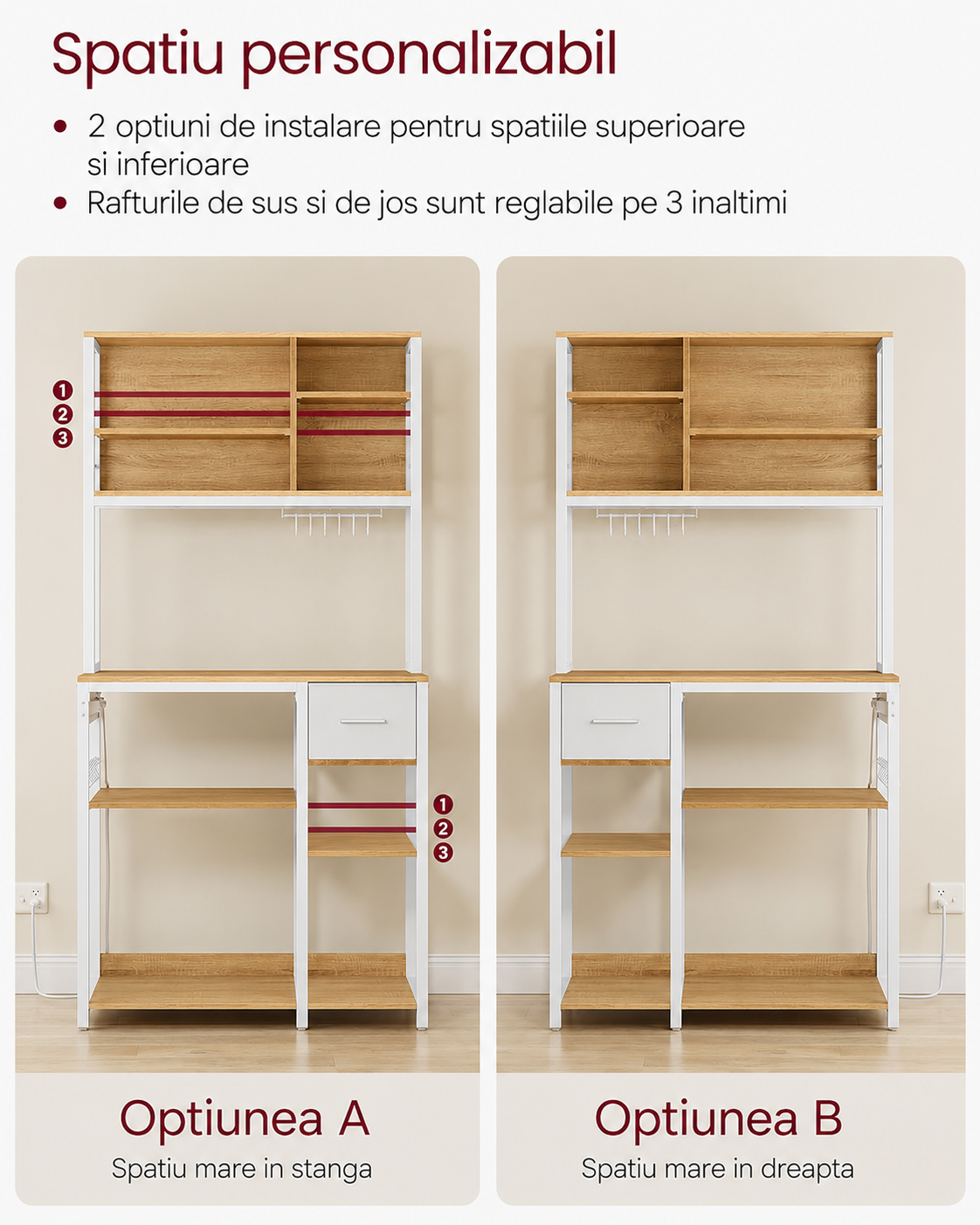 VASAGLE Raft bucatarie cu sertar si 12 carlige, 4 rafturi reglabile, 4 prize incorporate, stil industrial, 80x40x180 cm, stejar auriu si alb - imagine 3