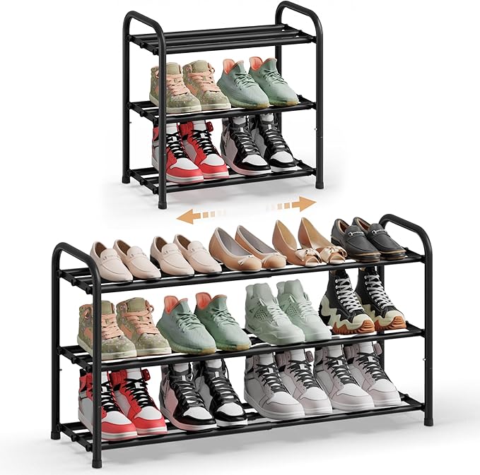 SONGMICS Raft extensibil pentru incaltaminte, 3 niveluri, metal, pana la 12 perechi pantofi, reglabil 25x48x(44-82) cm, negru - imagine 6